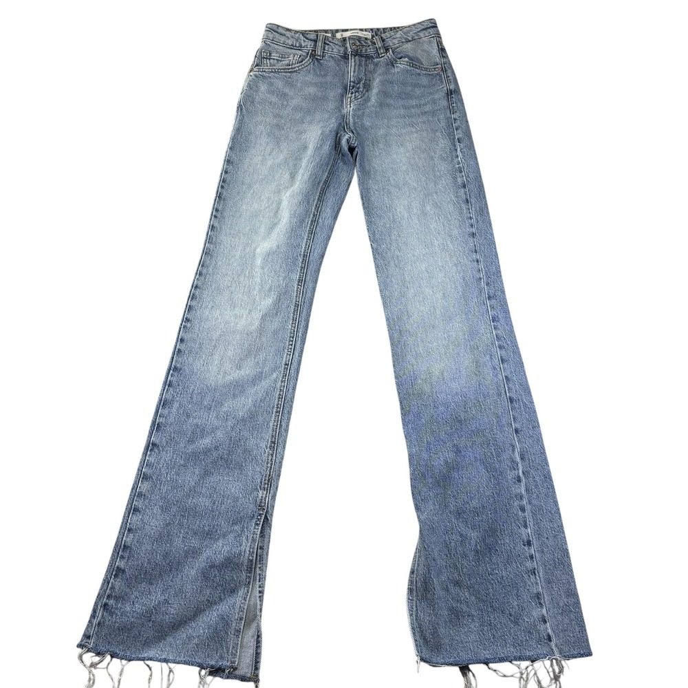 MNG Elle Straight Jeans Womens 2 Blue Light Wash Mid Rise Raw Hem Slit Denim